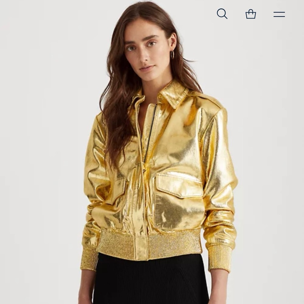 Ralph Lauren Gold Metallic Leather Bomber Jacket
